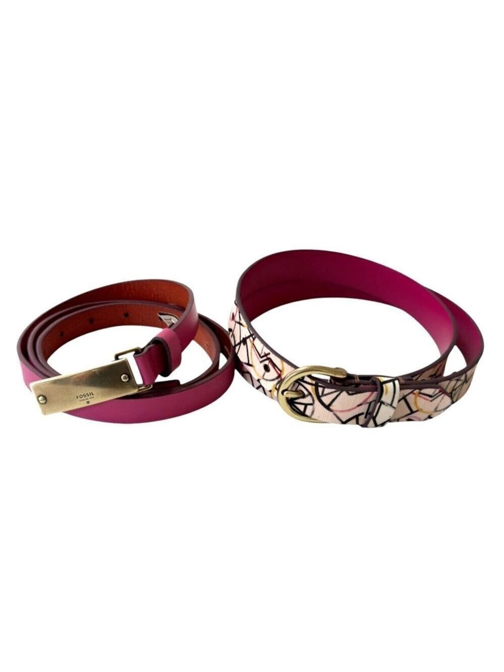 Fossil Solid Pink/Multicolored Geo Print Leather Belt Womens M/ L Y2K Lot of 2